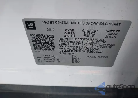 2019 Chevrolet Equinox Premier из США, поврежденный, VIN 2GNAXYEX0K6260033